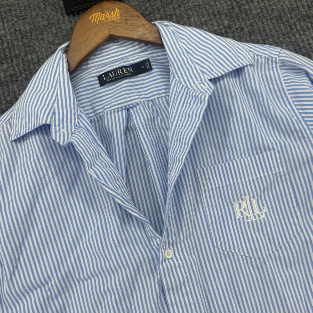 Lauren Ralph Lauren Button Down Women S Blue Excellent Striped Monogram Shirt
